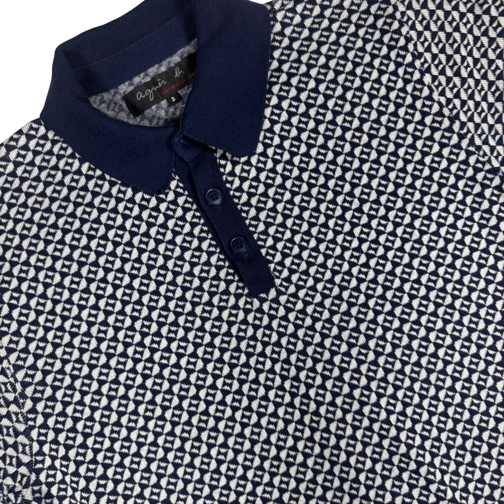 Agnes B Geometric Knit Polo Shirt Men Size 2 Navy White Short Sleeve France